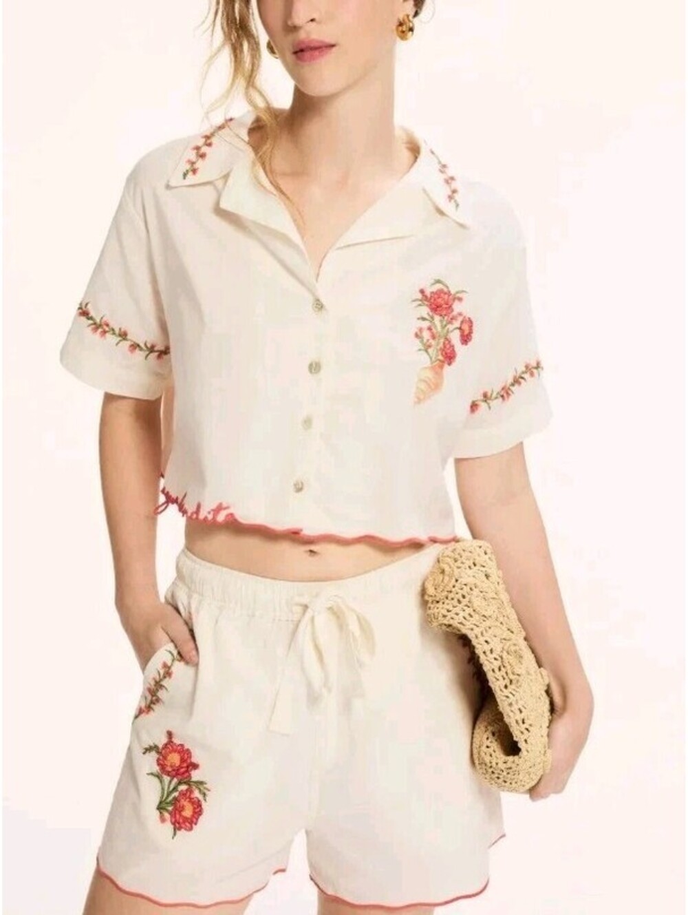 Agua Bendita Itsy Nacar Embroidered Seashell Crop Shirt White Linen Small...